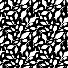 Hand drawn doodle tulip flower irregular seamless pattern. White silhouette floral motifs random repeat surface design. Trendy endless texture on black background for fabric, stationery or gift paper