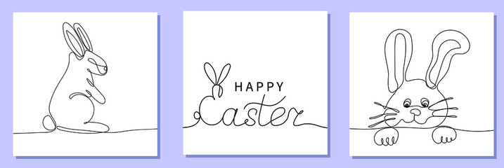 Set of square card  with continuous line drawing of easter rabbit. Happy easter. Line art vector minimalist hand drawn illustration