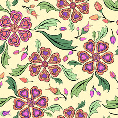 Abstract flowers random seamless pattern. Pretty ornamental floral motifs irregular repeat surface design. Pastel colors embroidery style endless texture. Greeting card or notebook cover background.