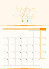 Modern vector vertical calendar sheet for April 2022, planner in English.