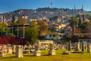 IZMIR, TURKEY: View of the ancient ruins of the Agora and the old town and fortress in Izmir.