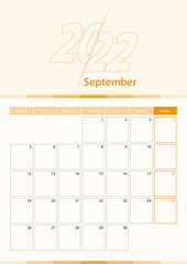 Modern vector vertical calendar sheet for September 2022, planner in English.