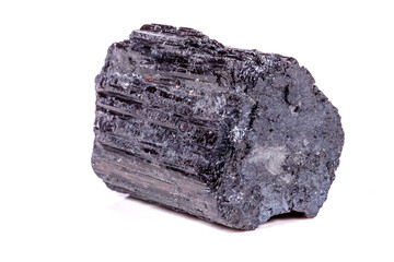 macro mineral stone sherle, schorl, black tourmaline on white background