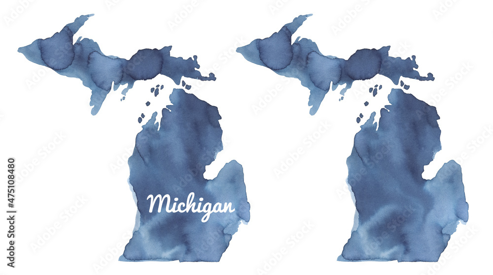 Canvas Prints water color illustration of navy blue michigan state map set: blank one and with state name letterin