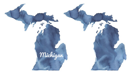 Water color illustration of navy blue Michigan State Map set: blank one and with state name lettering. Hand painted watercolour drawing with art stains on white, cut out clipart elements for design. - 475108480
