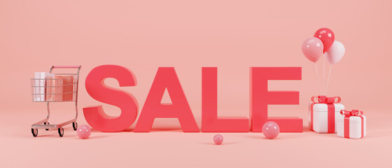 3d pink sale word over pink background with shopping cart and gift boxes. 3D illustration