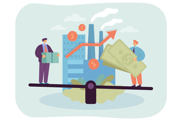 Fototapeta na wymiar Business people holding money on scales with factory in background. Individual company resources price balance flat vector illustration. Microeconomics, price balance, cooperation, economy concept