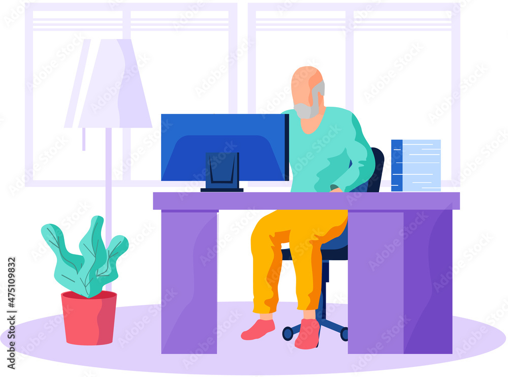 Poster old man looking for information and surfing internet. person tries to use computer. character sits a