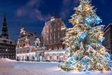 Illuminated Christmas tree at night. Town Hall square with House of the Blackheads and Christmas tree in winter, old town Riga, Latvia. Christmas postcard of Riga. - obrazy, fototapety, plakaty