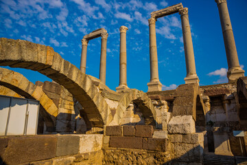 IZMIR, TURKEY: View of the ancient columns of the Agora in Izmir on a sunny day.