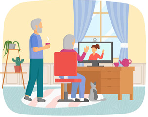 Retired parents sitting at computer and talking to daughter. Online communication via Internet. Old couple communicates with relative by video call. Elderly people talk to woman by online connection