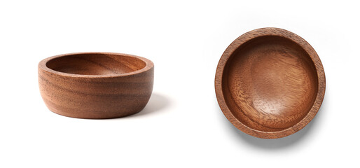 Empty wooden bowls, wooden cup isolated on white background.