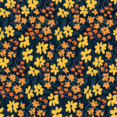 Modèle sans couture avec petites fleurs jaunes, feuilles bleues sur fond sombre. Imprimé floral artistique avec des fleurs et des feuilles de prairie peintes. Fond botanique avec un design simple. Vecteur.