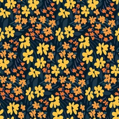 Cercles muraux Petites fleurs Modèle sans couture avec petites fleurs jaunes, feuilles bleues sur fond sombre. Imprimé floral artistique avec des fleurs et des feuilles de prairie peintes. Fond botanique avec un design simple. Vecteur.