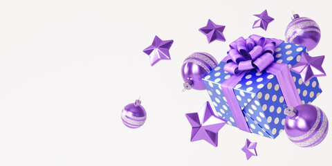 Christmas composition with Christmas decorations and a gift box with a bow on a white background. 3D illustration in magenta and blue, with space for text.