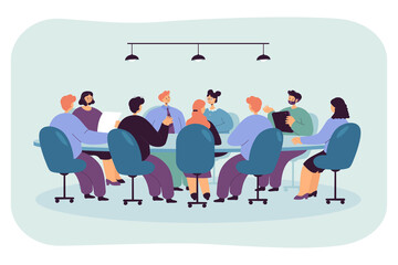 Politician sitting at round table in boardroom. Board of directors with CEO holding formal talk in office room flat vector illustration. Business authority, corporate leader, planning strategy concept - obrazy, fototapety, plakaty