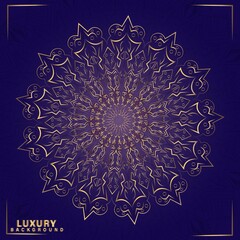 Mandala. Arabesque. Gold round pattern on blue background. Vector illustration.