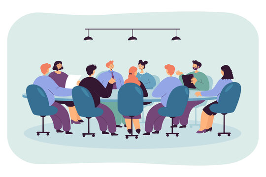 Politician sitting at round table in boardroom. Board of directors with CEO holding formal talk in office room flat vector illustration. Business authority, corporate leader, planning strategy concept