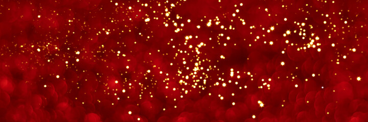 Red and golden sparkling glitter bokeh background, christmas texture. Holiday lights. Abstract defocused header. Wide screen wallpaper. Panoramic web banner with copy space for design