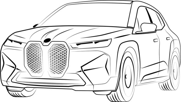recommend clip art: Vector car line art drawing silhouette. New electric car of the European brand. Premium styling, comfort and driving pleasure. Chief on the road. A minimalist hand-drawn sketch.