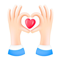 3d icon, hands making heart shape gesture. Vector cartoon love symbol clip art. Realistic Valentines day illustration for social media