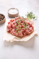 Chopped meat. Meat stuffing for cutlets or meatballs. The concept of cooking burgers. Copy space