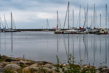 Fototapeta na wymiar Borgholm marina on Swedish Baltic Sea island Oland. This island is a popular destination for leisure boats