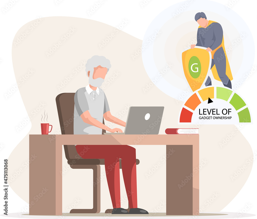 Poster old man sitting with computer at workplace. freelancer grandfather working online with laptop. senio