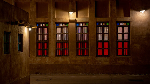 coloorful windows in one of the old souq building,shot during night
