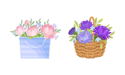 Bouquets of beautiful flowers in box and basket set vector illustration