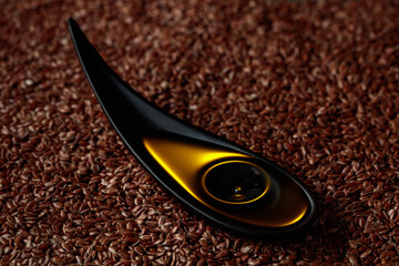 Fflaxseed oil in small black bowl.