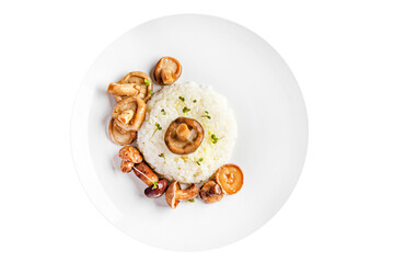 rice mushrooms risotto healthy meal food diet snack on the table copy space food background rustic vegan or vegetarian food no meat