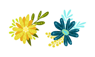 Yellow and blue flowers set. Floral natural decoraion vector illustration