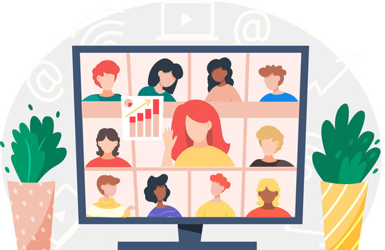 Video conferencing on large computer screen, teamwork, many people conference at same time remotely. Girl communicates with colleagues via video. Online meeting, business meetup, digital classroom