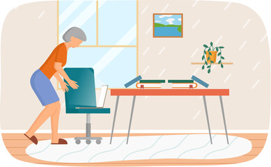 Retired woman standing near chair with computer. Dealing with technology, using modern gadgets concept. Senior female character, elderly lady watching video, chatting, working with laptop at home
