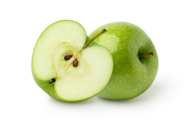 Fresh green apple fruit and halves isolated on white background..