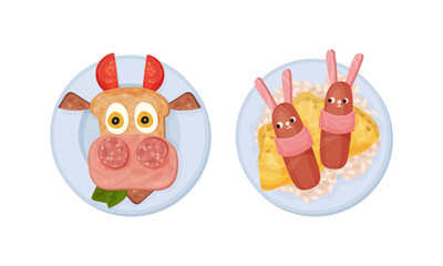 Creative childish dishes serving on plates set. Tasty sandwiches breakfast food vector illustration