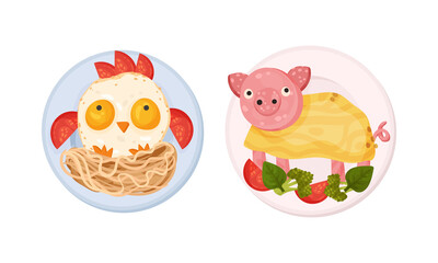 Creative childish dishes serving on plates set. Tasty healthy food for breakfast vector illustration