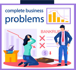 Complete business problems banner template. Company cost reduction, financial failure and finance crisis. Colleagues scared of impending bankruptcy and business disruption, decrease in profit