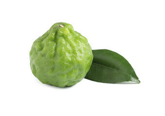 Fresh ripe bergamot fruit and leaf on white background
