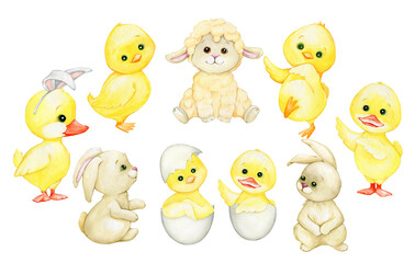 Cute, watercolor animals, in cartoon style, on an isolated background. Sheep, duckling, chicken, cute animals, for Easter, postcards.