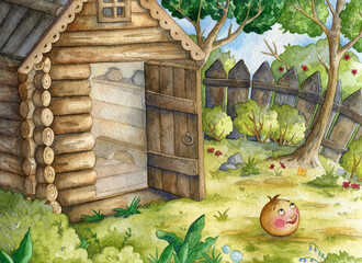 Illustration for Russian traditional fairy tale Kolobok. Character of children tale. Kolobok leaves home. Watercolor illustration
