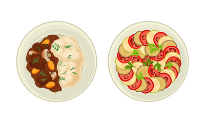 Top view of French cuisine traditional delicious dishes on plates set. Ratatouille and Boeuf Bourguignon vector illustration