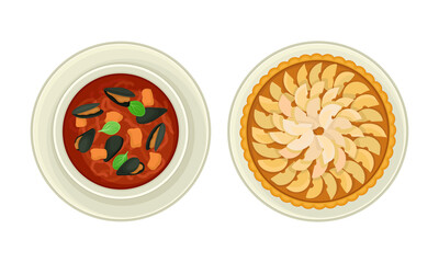 French cuisine traditional delicious food set. Bouillabaisse and Taten apple pie vector illustration