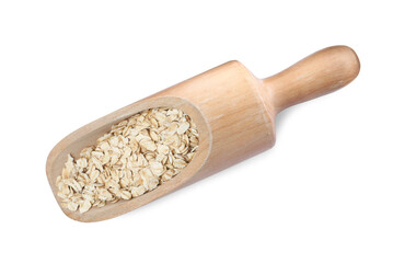 Raw oatmeal in wooden scoop on white background, top view