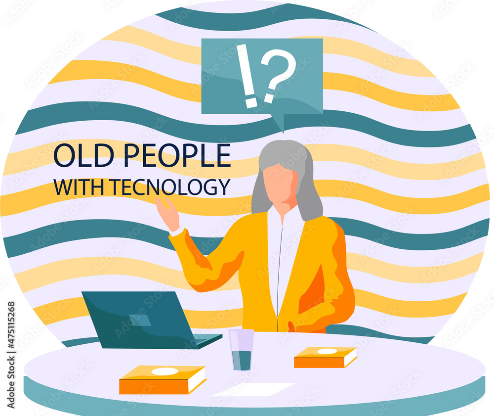 Poster old woman working on computer at home. online education, web courses, modern technologies and old ag