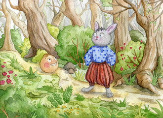 Illustration for russian traditional fairy tale Kolobok. Characters of children tale. Kolobok meet hare. Watercolor illustration