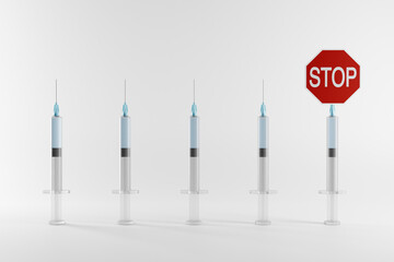 Concept of one too many vaccines with syringes and stop sign against white background, 3D render - 475115404