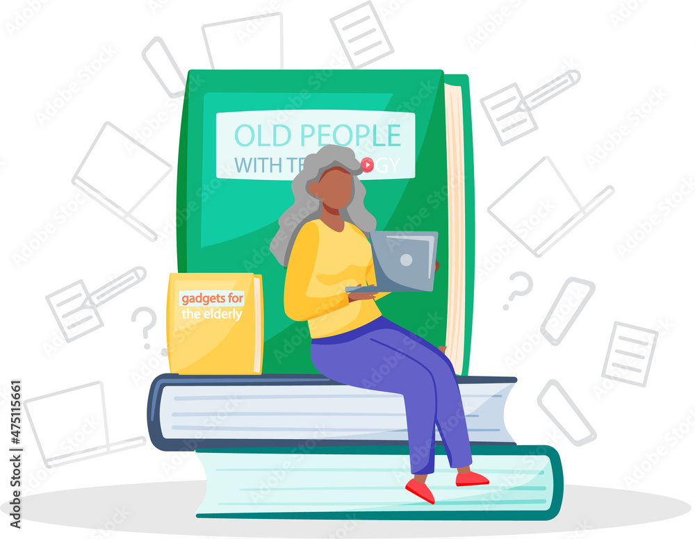 Poster old people with technology, woman with laptop learn to work with computer browsing internet. grandpa