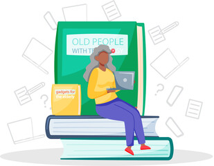 Old people with technology, woman with laptop learn to work with computer browsing internet. Grandparents use modern gadgets. Concept of remote work from home, distance courses for retired person